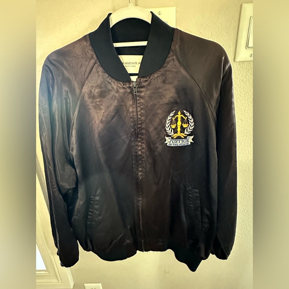 VINTAGE M. Kelley & Co, Inc Black Satin Justice of the Peace Bomber Jacket Sz XL